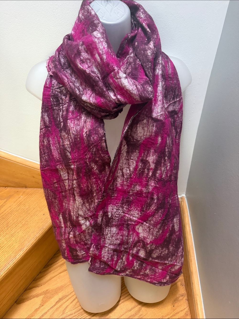VTG Magenta Fuchsia Nuno Felted Art Scarf Wrap – Sheer Silk Texture Base